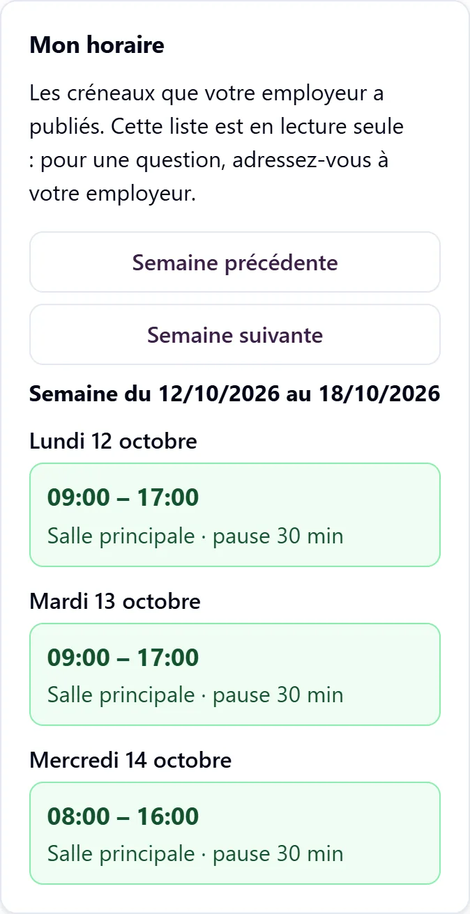 Écran « Mon horaire » sur un téléphone : les créneaux publiés de la semaine, jour par jour