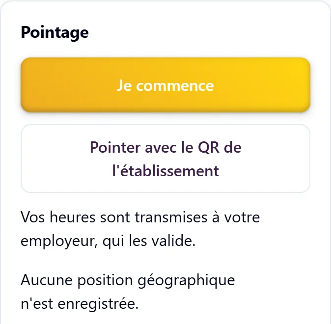 Écran « Pointage » sur un téléphone : bouton pour commencer et bouton pour pointer avec le code QR de l'établissement